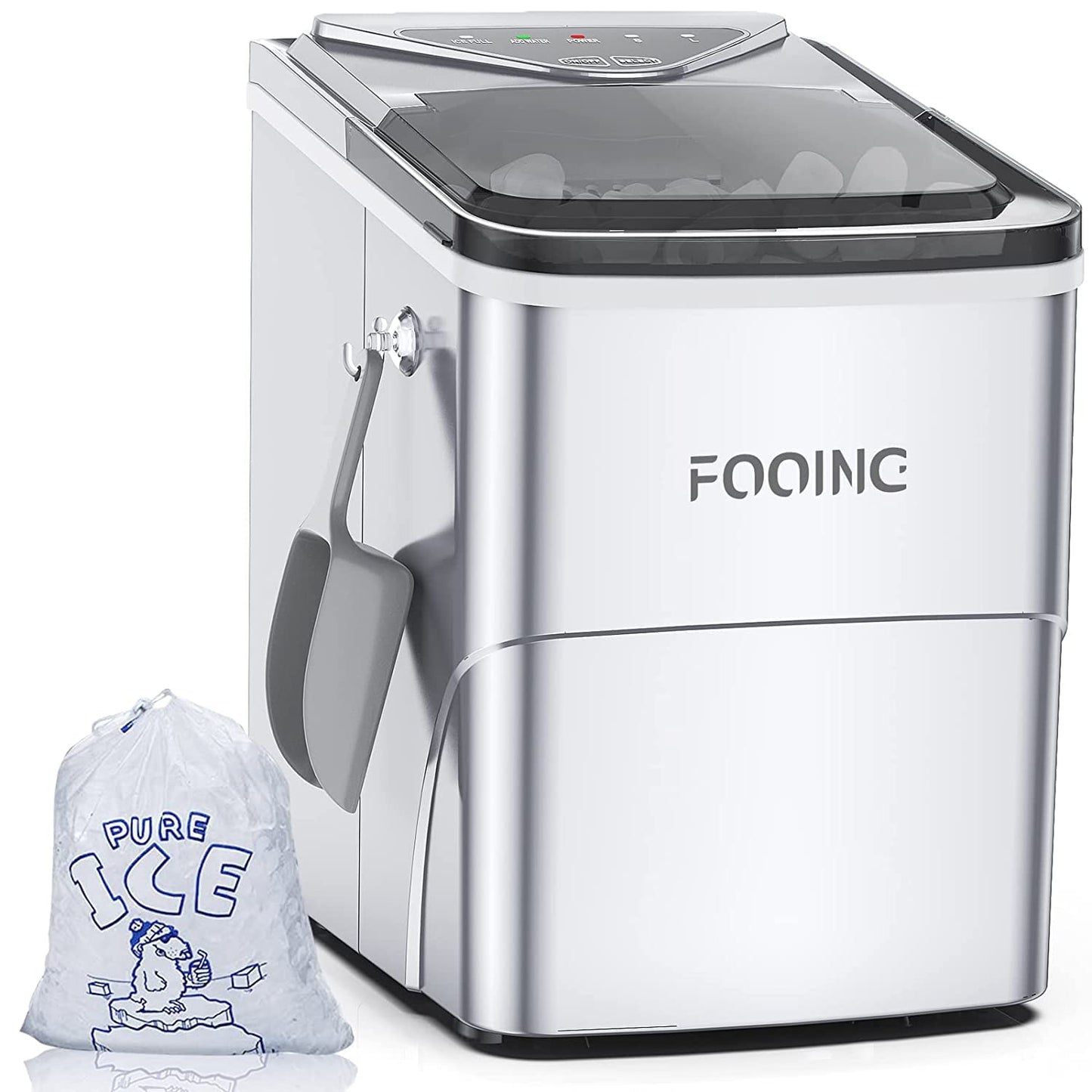 FOOING Máquina de Hielo, 6 Minutos para Fabricar Hielo, 15KG/24H, Máquina de Cubitos de Hielo Doméstica, Plata