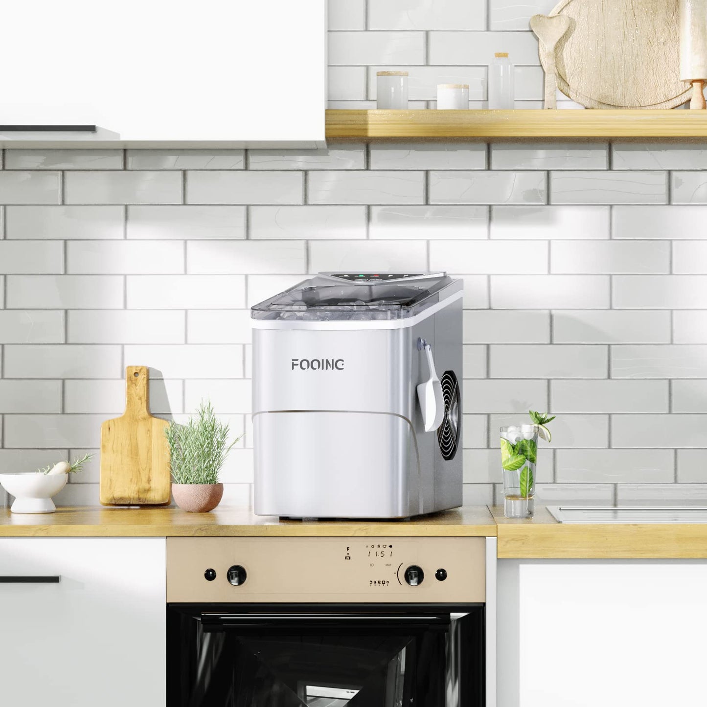 FOOING Máquina de Hielo, 6 Minutos para Fabricar Hielo, 15KG/24H, Máquina de Cubitos de Hielo Doméstica, Plata