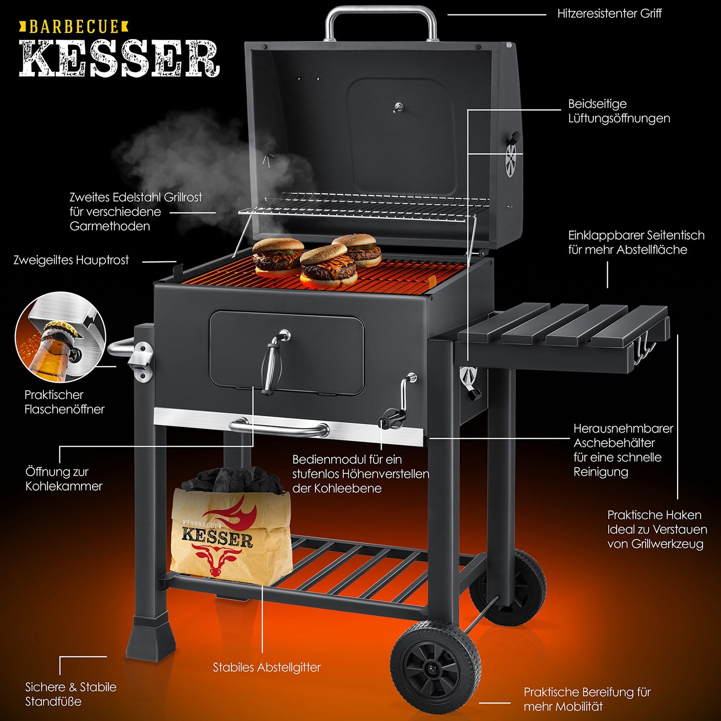 KESSER® Parrilla de Carbón con Carrito Gris