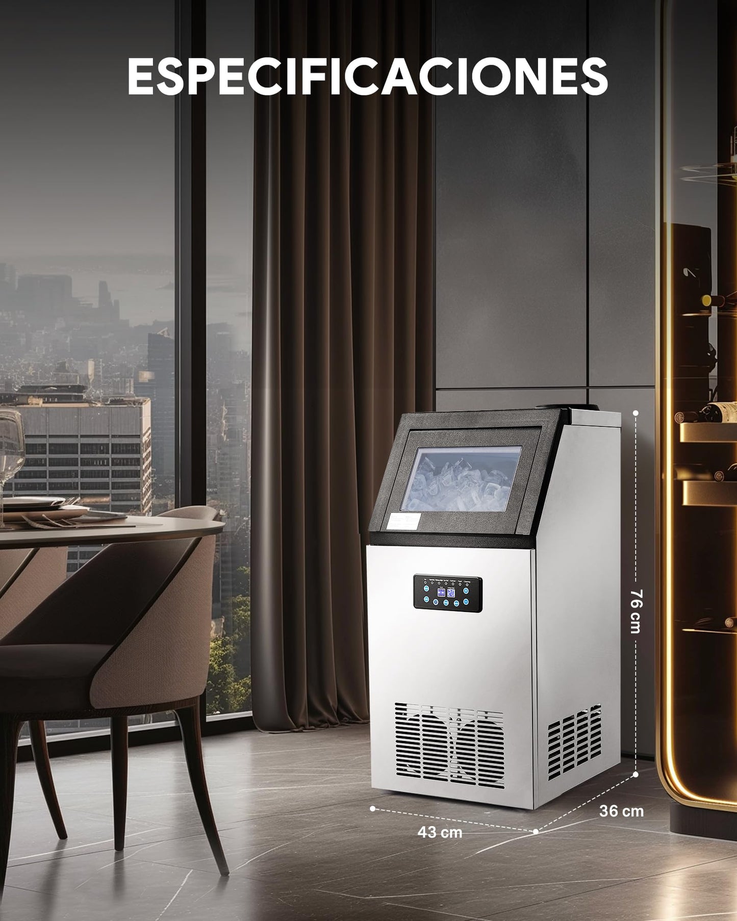 CREWORKS Máquina para Hacer Hielo 59KG/24H, 36 Cubitos, Capacidad de Almacenamiento 10KG, Ideal para Bares, Restaurantes y Cafeterías