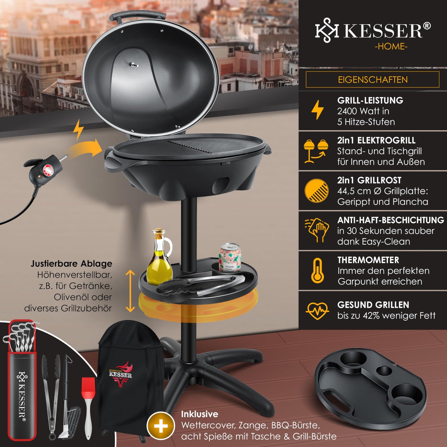 KESSER® Barbacoa Eléctrica 2 en 1 con Tapa