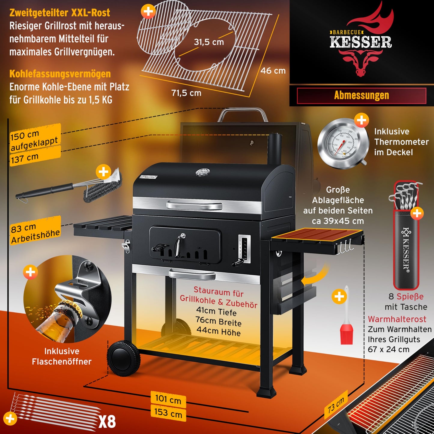 KESSER® Barbacoa XXL con Ahumador y Ruedas