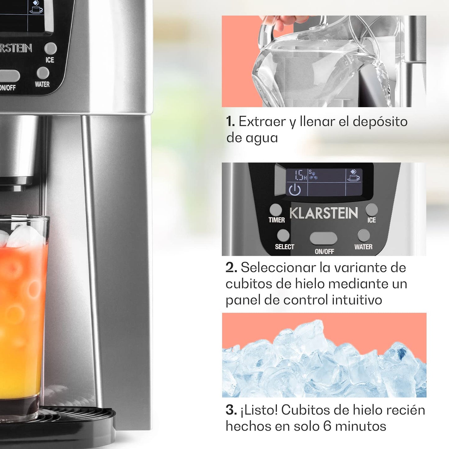 Klarstein Máquina de Hielo para Casa 2L, Ice Maker Encimera 12 kg/día, Cubitos Grandes, Panel Táctil, Sistema Auto Limpieza y Función Extra Rápida