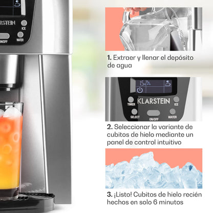 Klarstein Máquina de Hielo para Casa 2L, Ice Maker Encimera 12 kg/día, Cubitos Grandes, Panel Táctil, Sistema Auto Limpieza y Función Extra Rápida