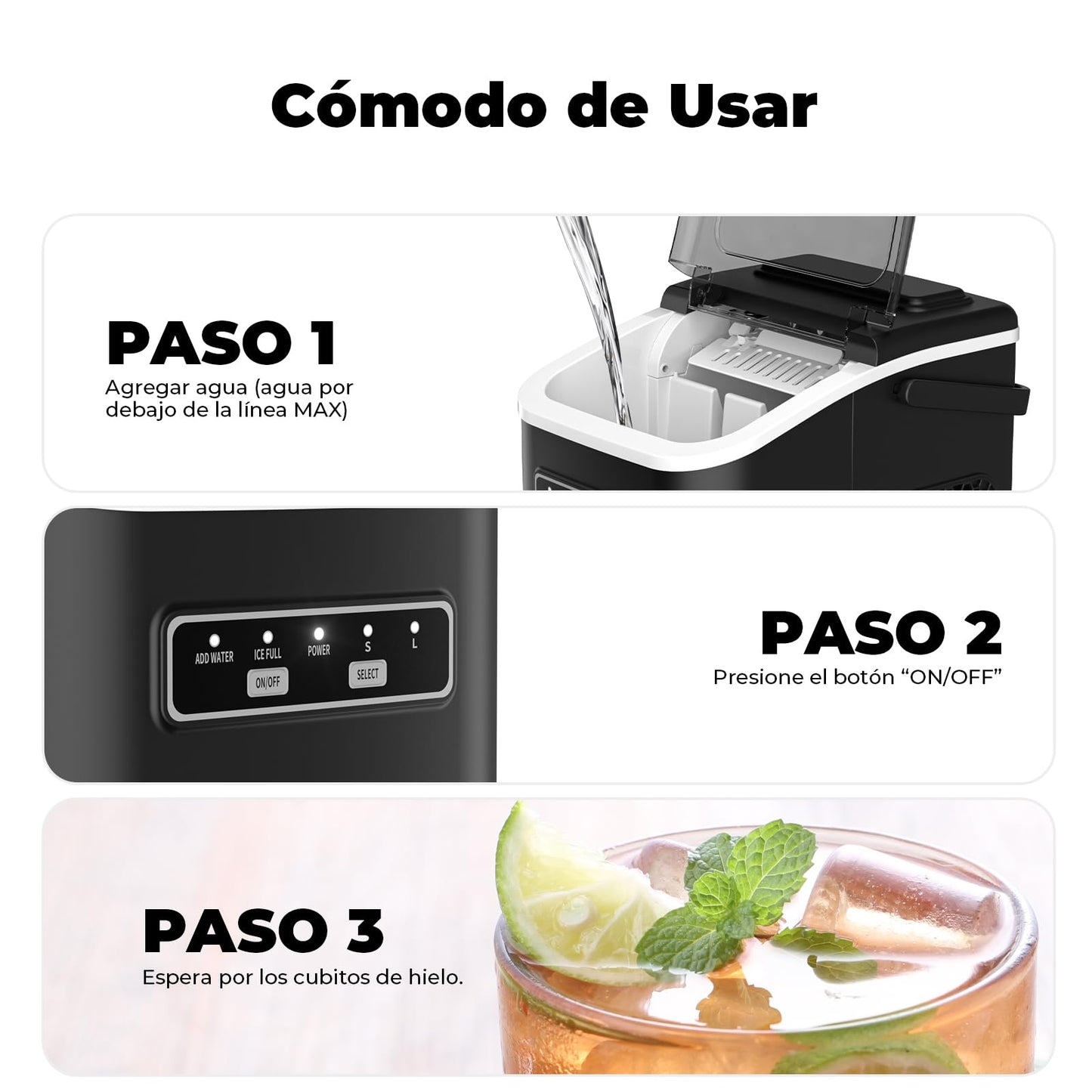 Acmeenjoy Máquina de Hacer Hielo 12kg/24h, Hielo en 6-8 Minutos, Portátil y Autolimpiante, con Mango, Ideal para Hogar, Fiesta, Cocina y Bar