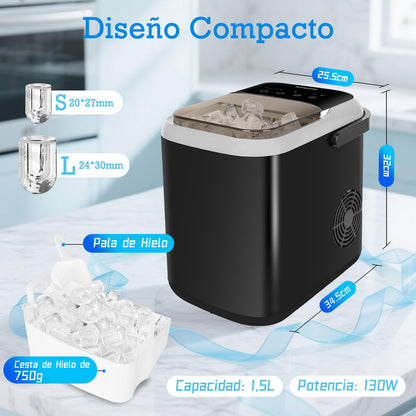 Aigostar Máquina de Hacer Hielo 130W, 14kg/24h, Hielos en 6 Minutos, 2 Tamaños de Cubitos, 1.5L, Tapa Doble, Autolimpieza, Fácil de Limpiar
