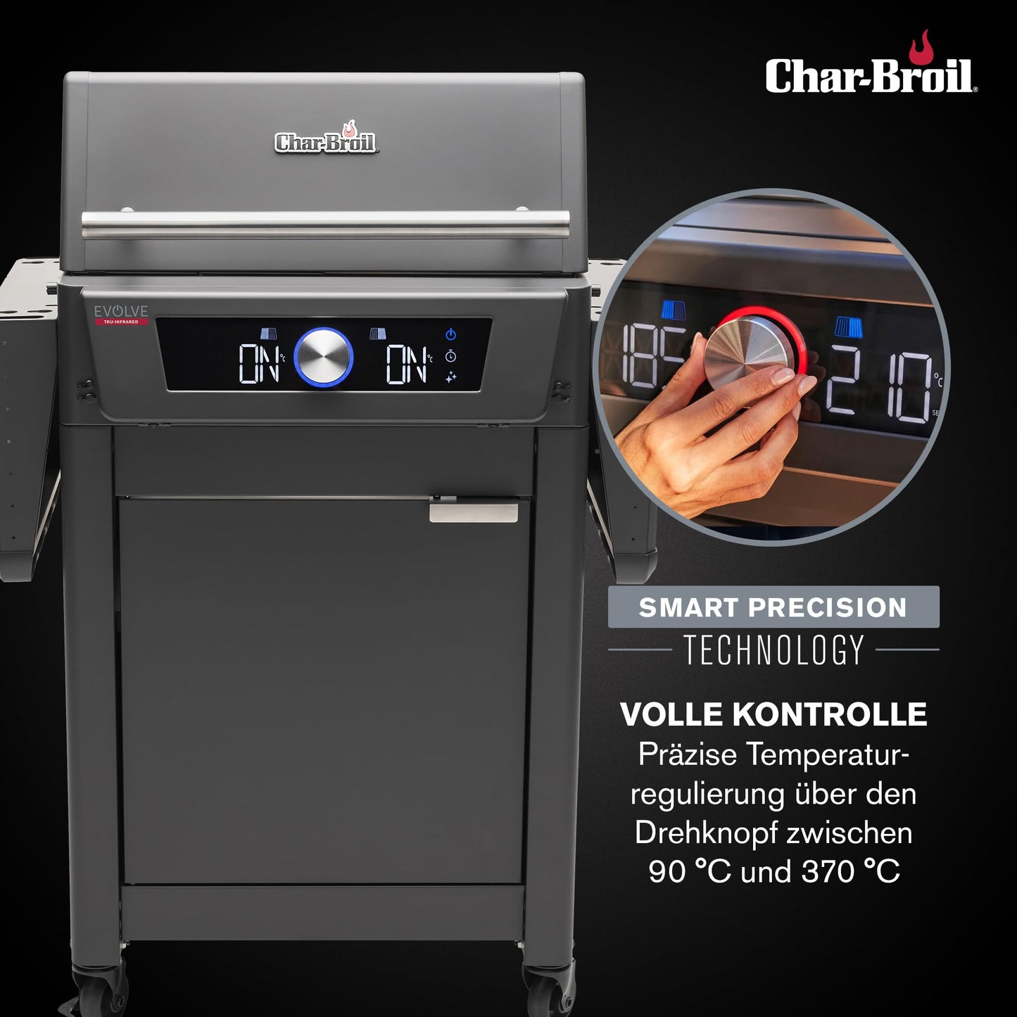 Char-Broil Barbacoa Eléctrica Evolve con E-Power, Control por Aplicación, 90-370°C, Función de Limpieza y Calor Preciso en Dos Zonas