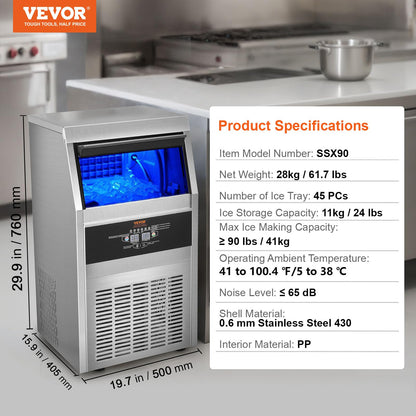 VEVOR Máquina para Hacer Cubitos de Hielo Comercial 41kg/24h, 45 Bandejas, Almacenaje 11kg, Autolimpieza, Sin Instalación, para Hogar y Restaurante