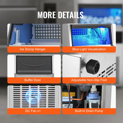 VEVOR Máquina para Hacer Cubitos de Hielo Comercial 41kg/24h, 45 Bandejas, Almacenaje 11kg, Autolimpieza, Sin Instalación, para Hogar y Restaurante