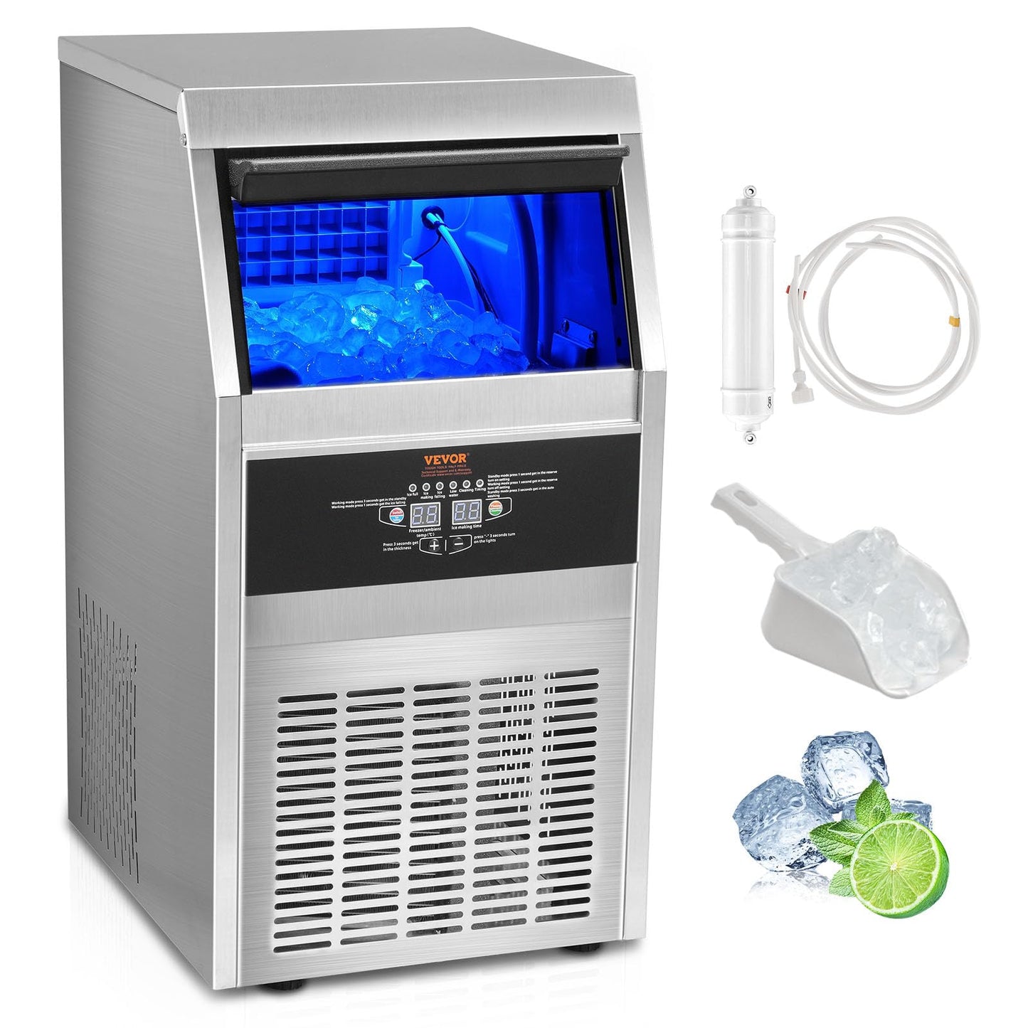VEVOR Máquina para Hacer Cubitos de Hielo Comercial 41kg/24h, 45 Bandejas, Almacenaje 11kg, Autolimpieza, Sin Instalación, para Hogar y Restaurante