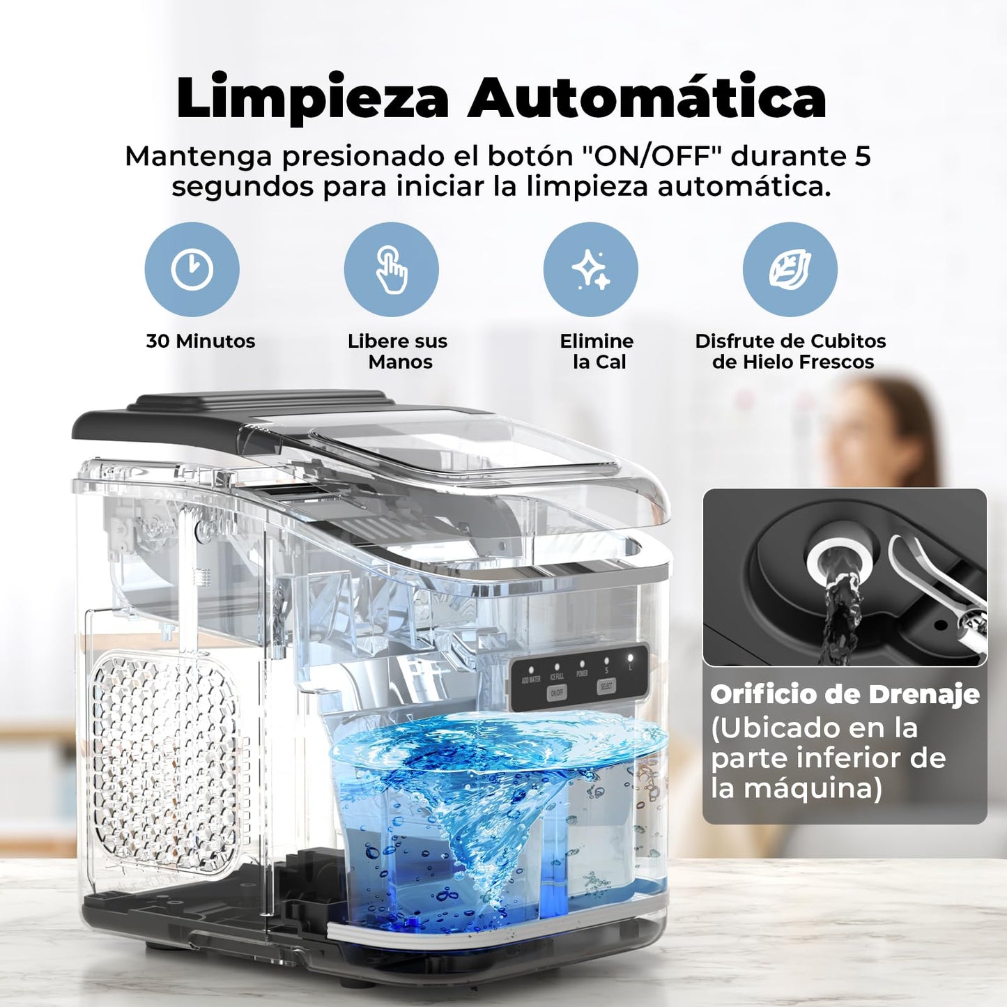 Acmeenjoy Máquina de Hacer Hielo 12kg/24h, Hielo en 6-8 Minutos, Portátil y Autolimpiante, con Mango, Ideal para Hogar, Fiesta, Cocina y Bar