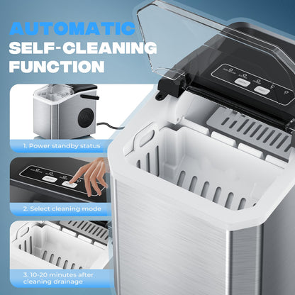 Máquina de Hielo 15kg/24h, 130W, 8 Cubitos en 6 Minutos, Función de Autolimpieza, Con Pala y Cesta, 2 Tamaños de Cubitos, Ideal para Cocina