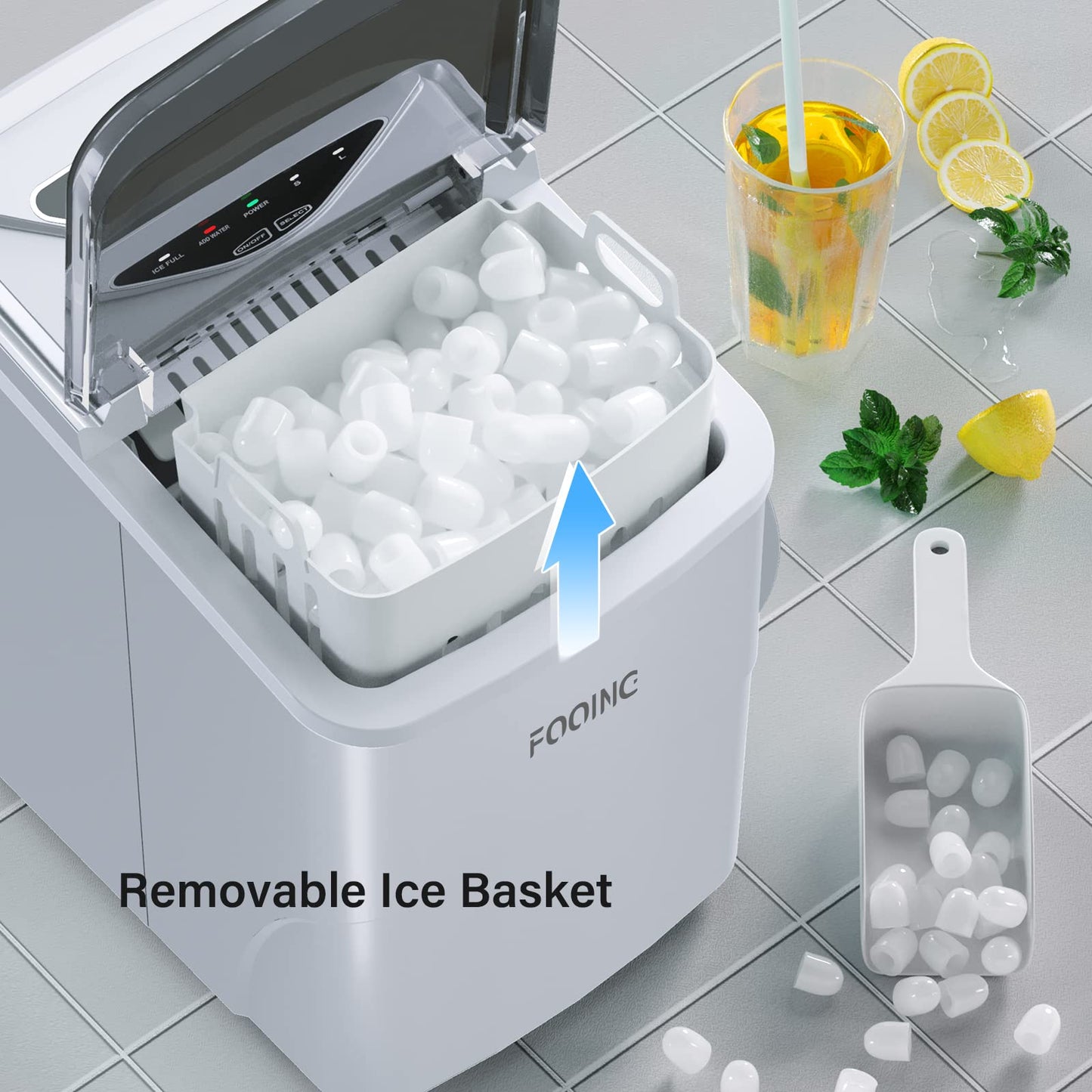 FOOING Máquina de Hielo, 6 Minutos para Fabricar Hielo, 15KG/24H, Máquina de Cubitos de Hielo Doméstica, Plata