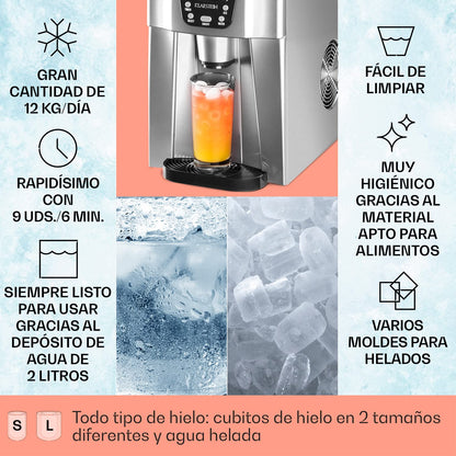 Klarstein Máquina de Hielo para Casa 2L, Ice Maker Encimera 12 kg/día, Cubitos Grandes, Panel Táctil, Sistema Auto Limpieza y Función Extra Rápida