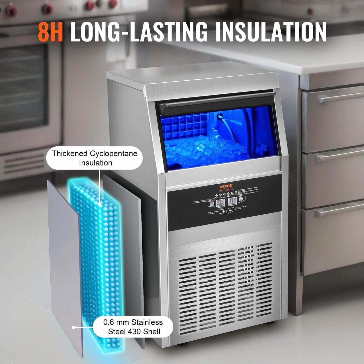 VEVOR Máquina para Hacer Cubitos de Hielo Comercial 41kg/24h, 45 Bandejas, Almacenaje 11kg, Autolimpieza, Sin Instalación, para Hogar y Restaurante