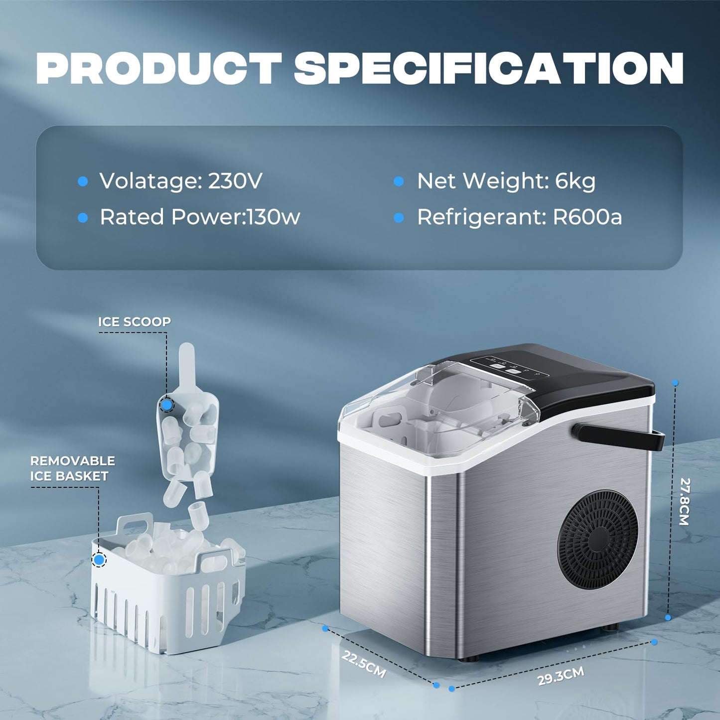Máquina de Hielo 15kg/24h, 130W, 8 Cubitos en 6 Minutos, Función de Autolimpieza, Con Pala y Cesta, 2 Tamaños de Cubitos, Ideal para Cocina