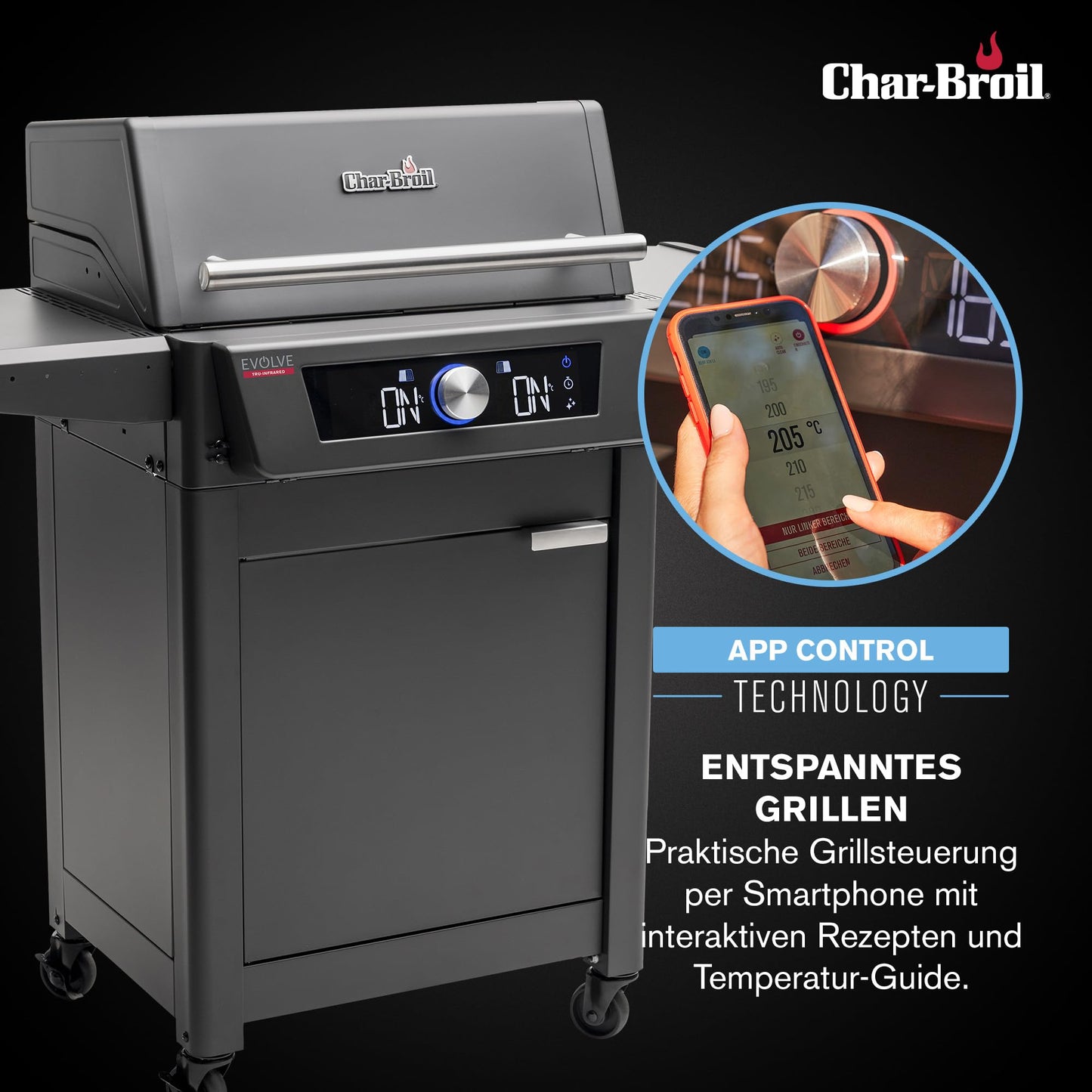 Char-Broil Barbacoa Eléctrica Evolve con E-Power, Control por Aplicación, 90-370°C, Función de Limpieza y Calor Preciso en Dos Zonas