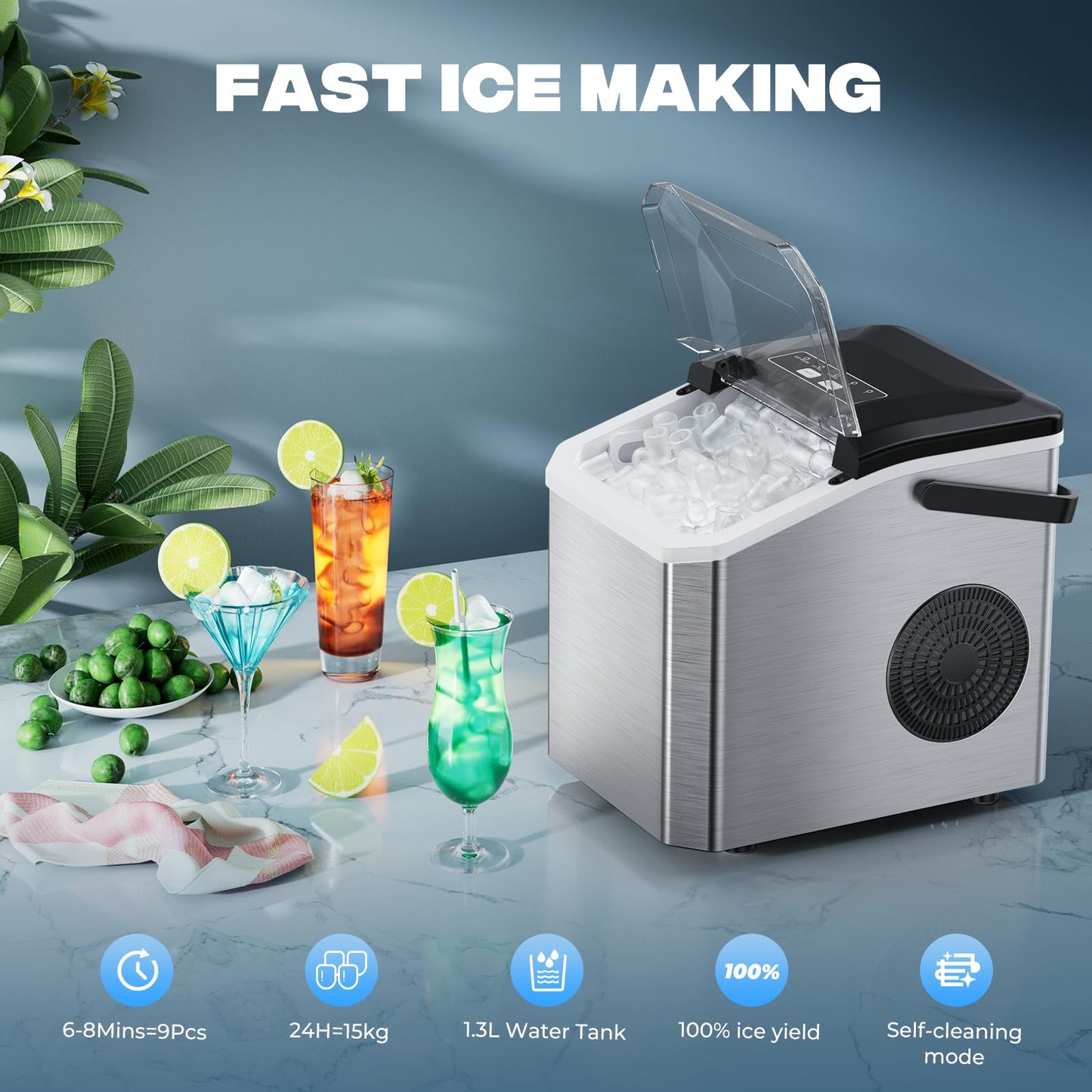 Máquina de Hielo 15kg/24h, 130W, 8 Cubitos en 6 Minutos, Función de Autolimpieza, Con Pala y Cesta, 2 Tamaños de Cubitos, Ideal para Cocina