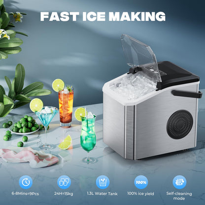 Máquina de Hielo 15kg/24h, 130W, 8 Cubitos en 6 Minutos, Función de Autolimpieza, Con Pala y Cesta, 2 Tamaños de Cubitos, Ideal para Cocina