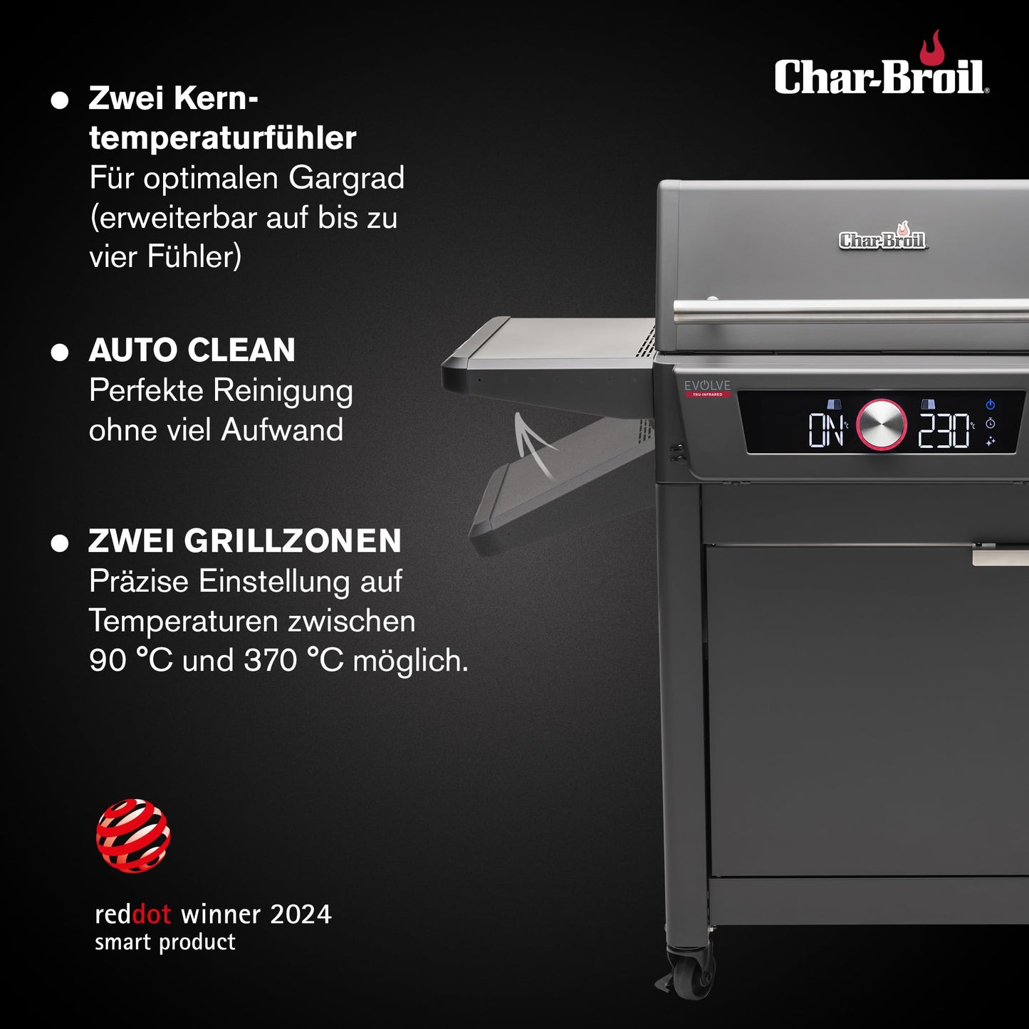 Char-Broil Barbacoa Eléctrica Evolve con E-Power, Control por Aplicación, 90-370°C, Función de Limpieza y Calor Preciso en Dos Zonas