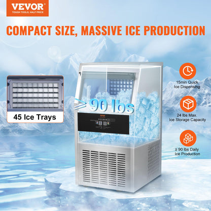 VEVOR Máquina para Hacer Cubitos de Hielo Comercial 41kg/24h, 45 Bandejas, Almacenaje 11kg, Autolimpieza, Sin Instalación, para Hogar y Restaurante