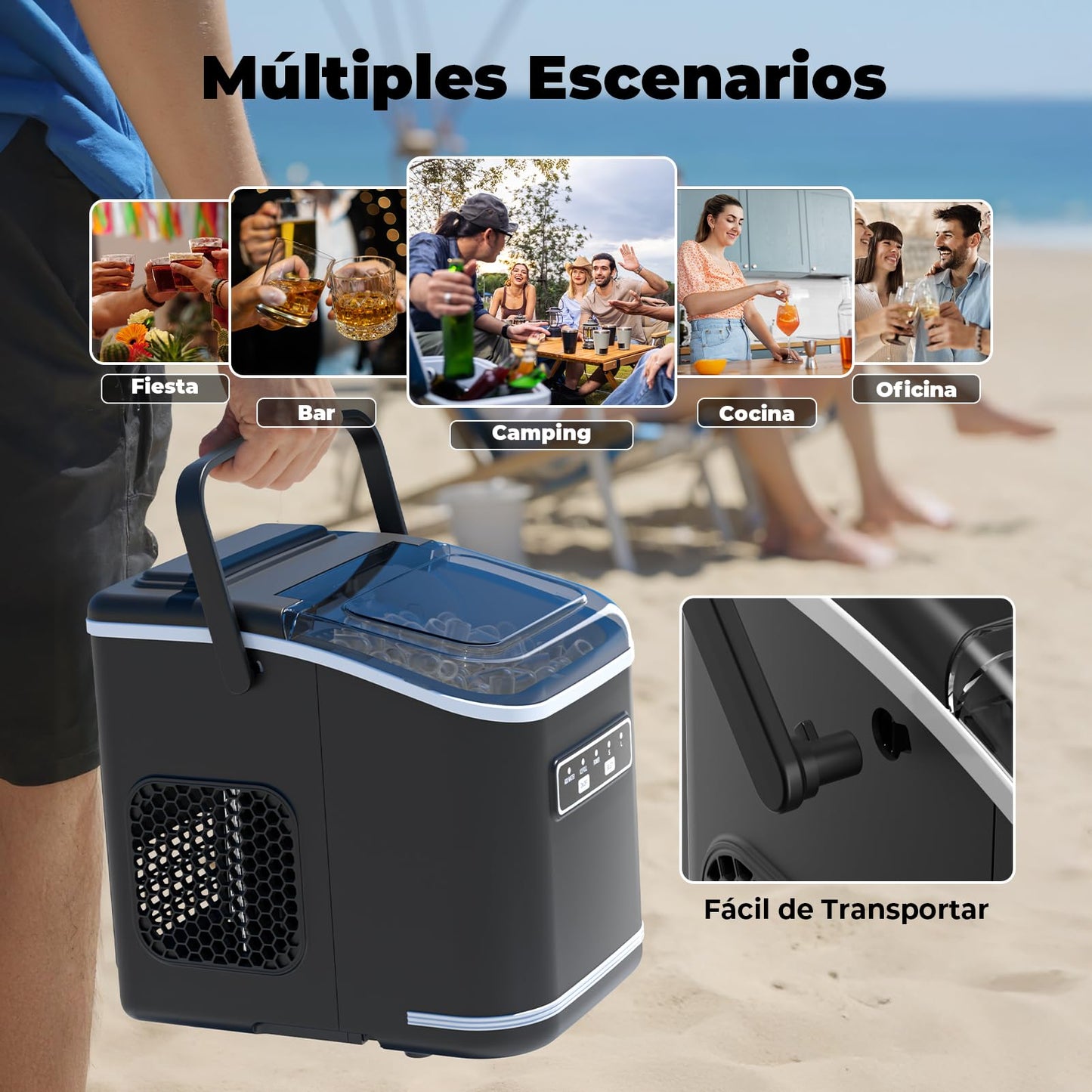 Acmeenjoy Máquina de Hacer Hielo 12kg/24h, Hielo en 6-8 Minutos, Portátil y Autolimpiante, con Mango, Ideal para Hogar, Fiesta, Cocina y Bar