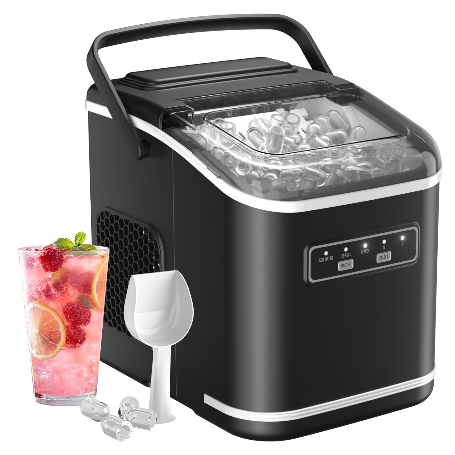 Acmeenjoy Máquina de Hacer Hielo 12kg/24h, Hielo en 6-8 Minutos, Portátil y Autolimpiante, con Mango, Ideal para Hogar, Fiesta, Cocina y Bar