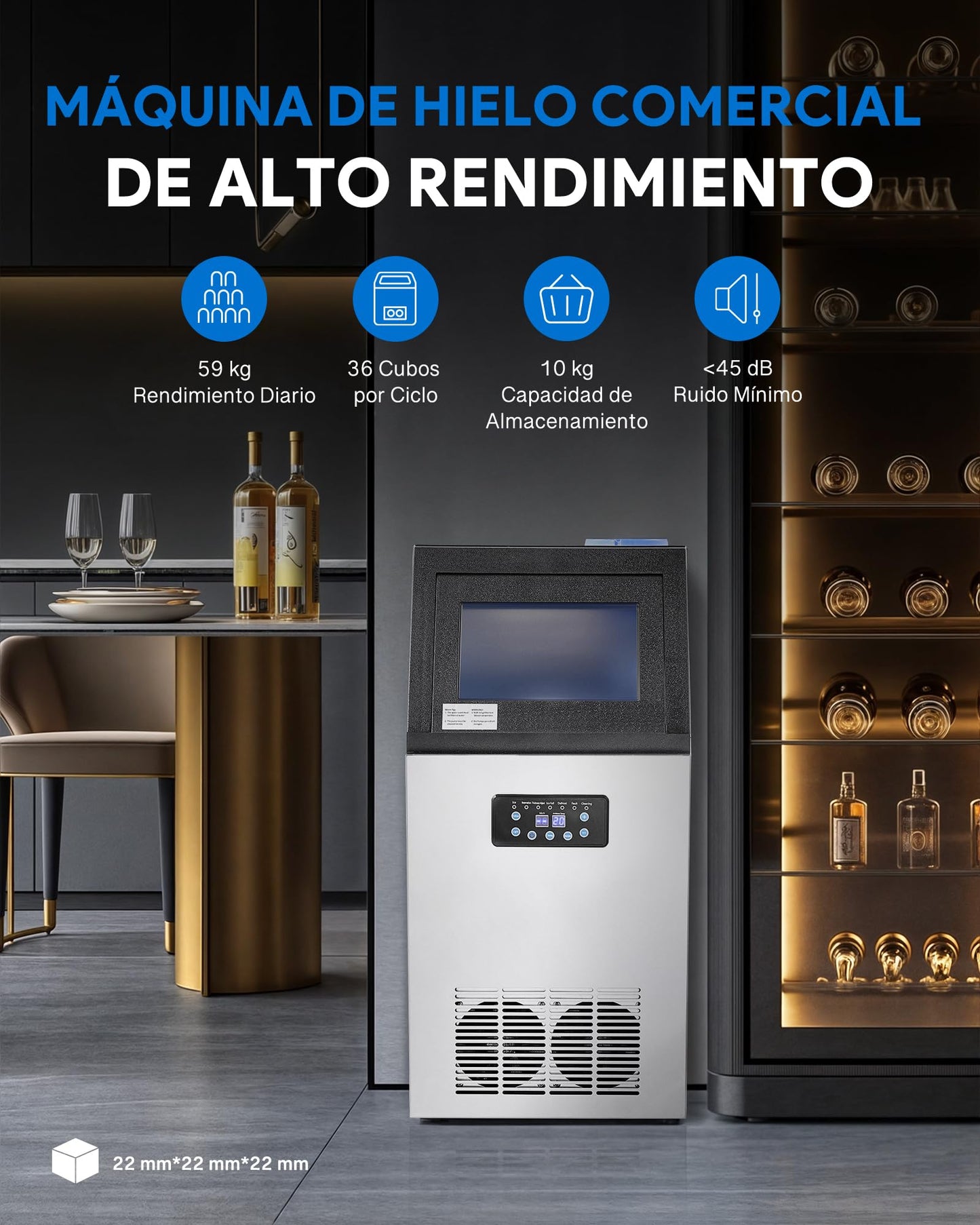 CREWORKS Máquina para Hacer Hielo 59KG/24H, 36 Cubitos, Capacidad de Almacenamiento 10KG, Ideal para Bares, Restaurantes y Cafeterías