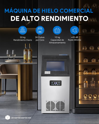 CREWORKS Máquina para Hacer Hielo 59KG/24H, 36 Cubitos, Capacidad de Almacenamiento 10KG, Ideal para Bares, Restaurantes y Cafeterías