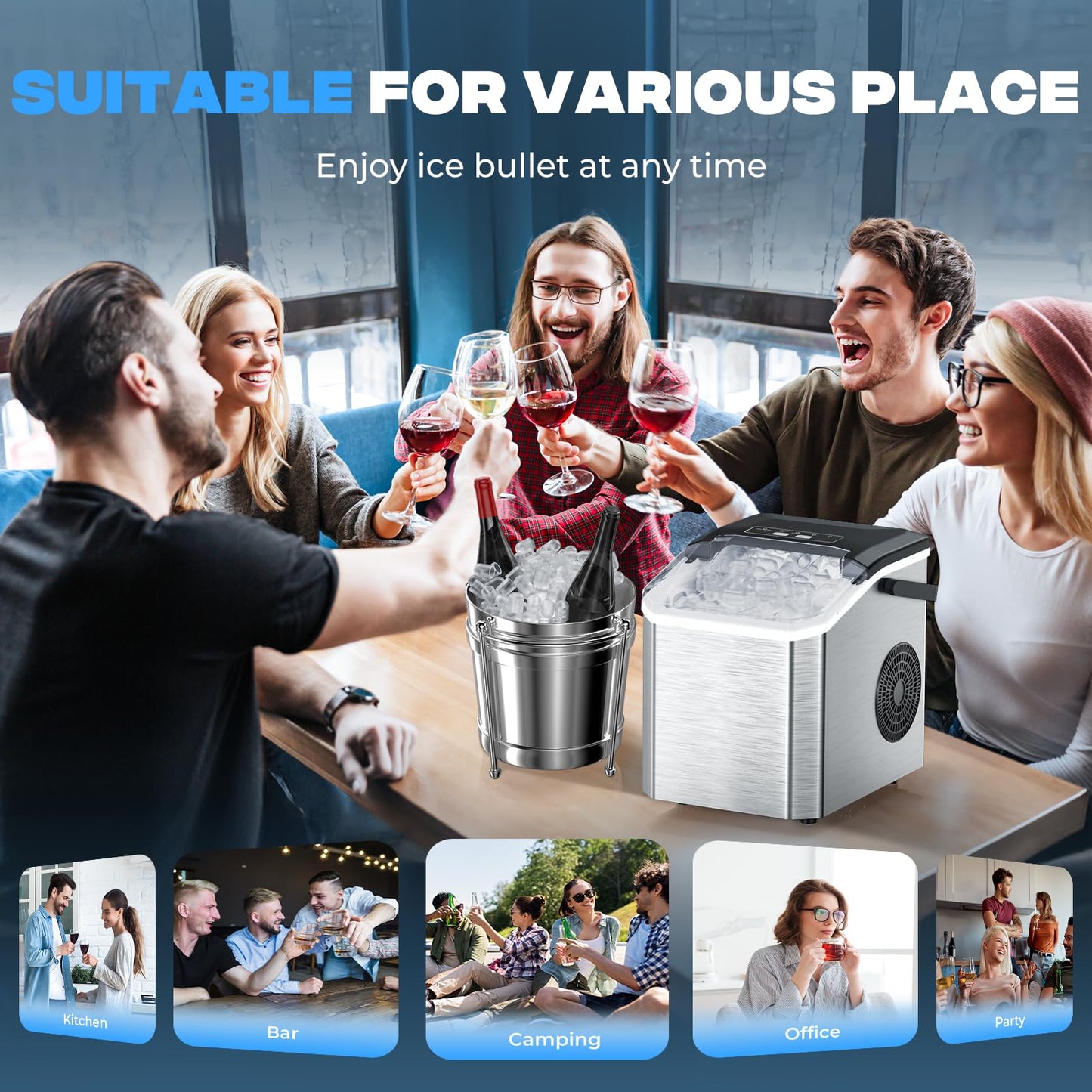 Máquina de Hielo 15kg/24h, 130W, 8 Cubitos en 6 Minutos, Función de Autolimpieza, Con Pala y Cesta, 2 Tamaños de Cubitos, Ideal para Cocina