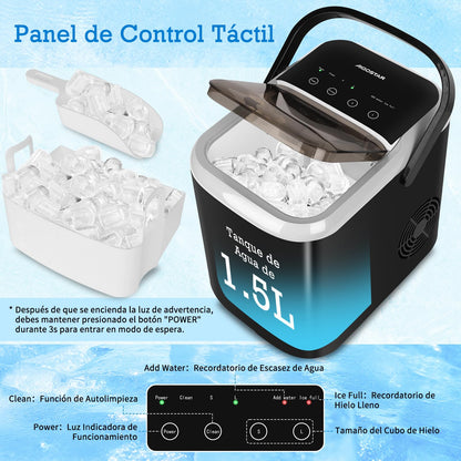 Aigostar Máquina de Hacer Hielo 130W, 14kg/24h, Hielos en 6 Minutos, 2 Tamaños de Cubitos, 1.5L, Tapa Doble, Autolimpieza, Fácil de Limpiar
